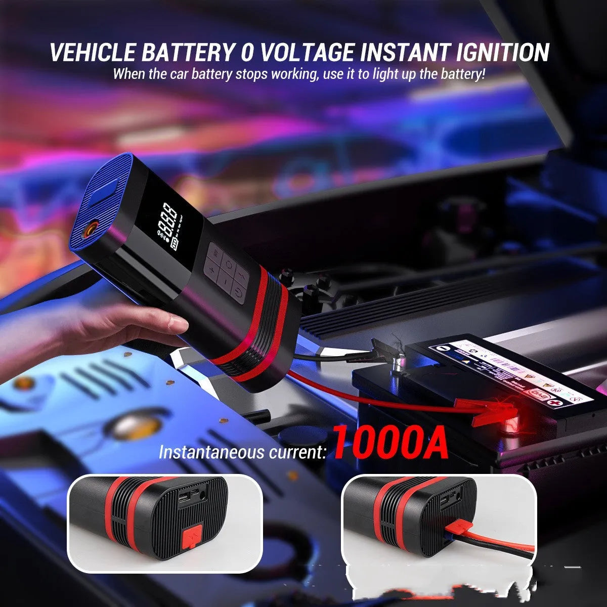 100W black wireless emergency start power source, 19.5x10x5.7cm, PC ABS, for cars motorcycles bicycles and inflatables