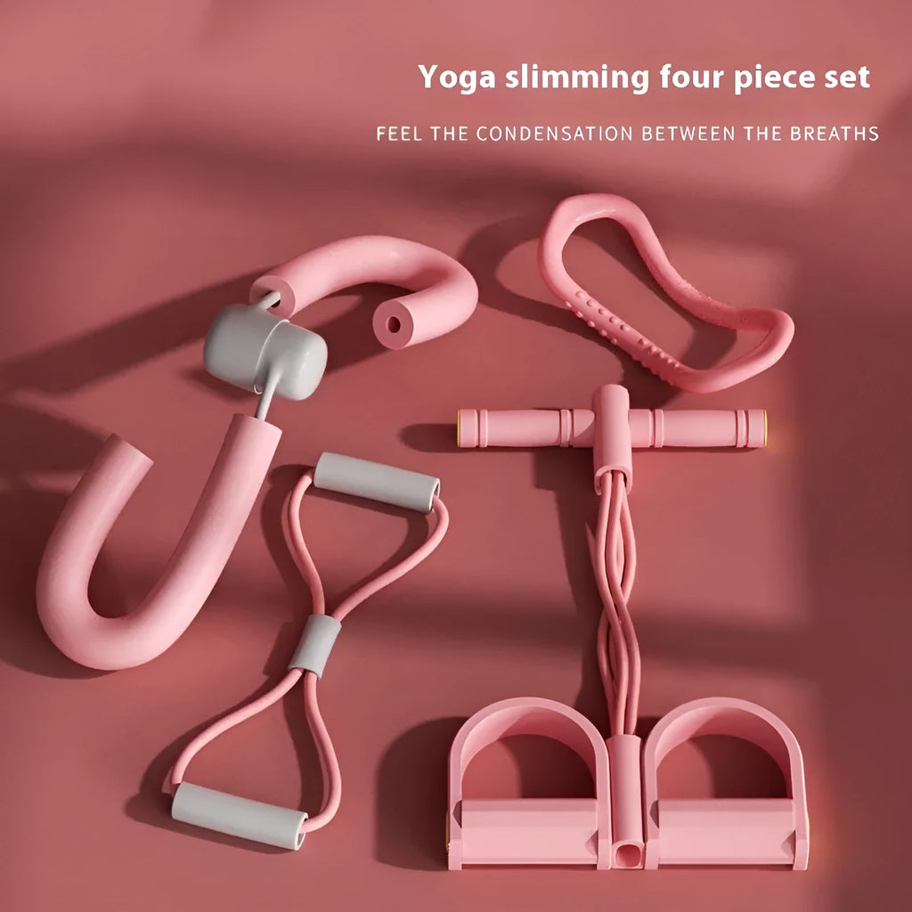 Yoga four piece fitness set showing leg stretcher, yoga ring, pedal chest expander, and figure eight tension rope.