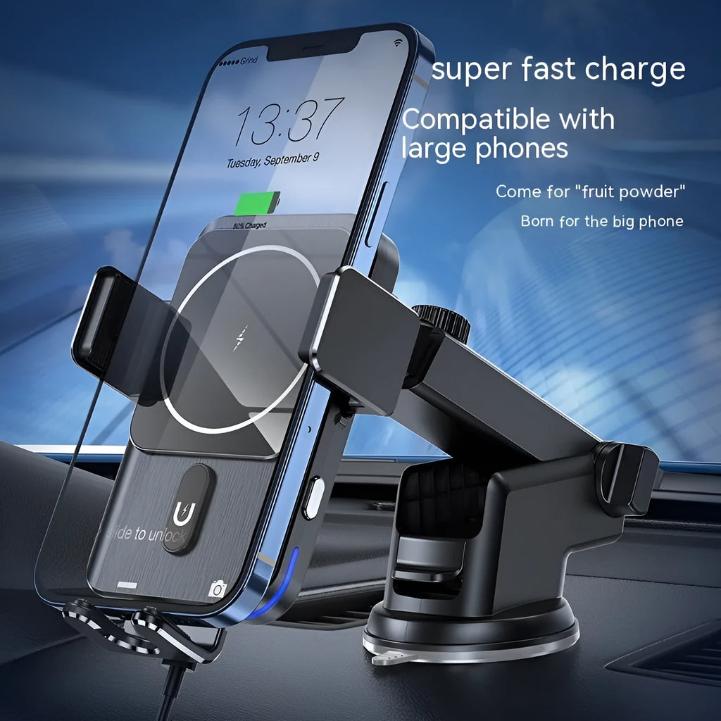 Black car wireless charger phone holder with 15W charging and choice of mounting brackets