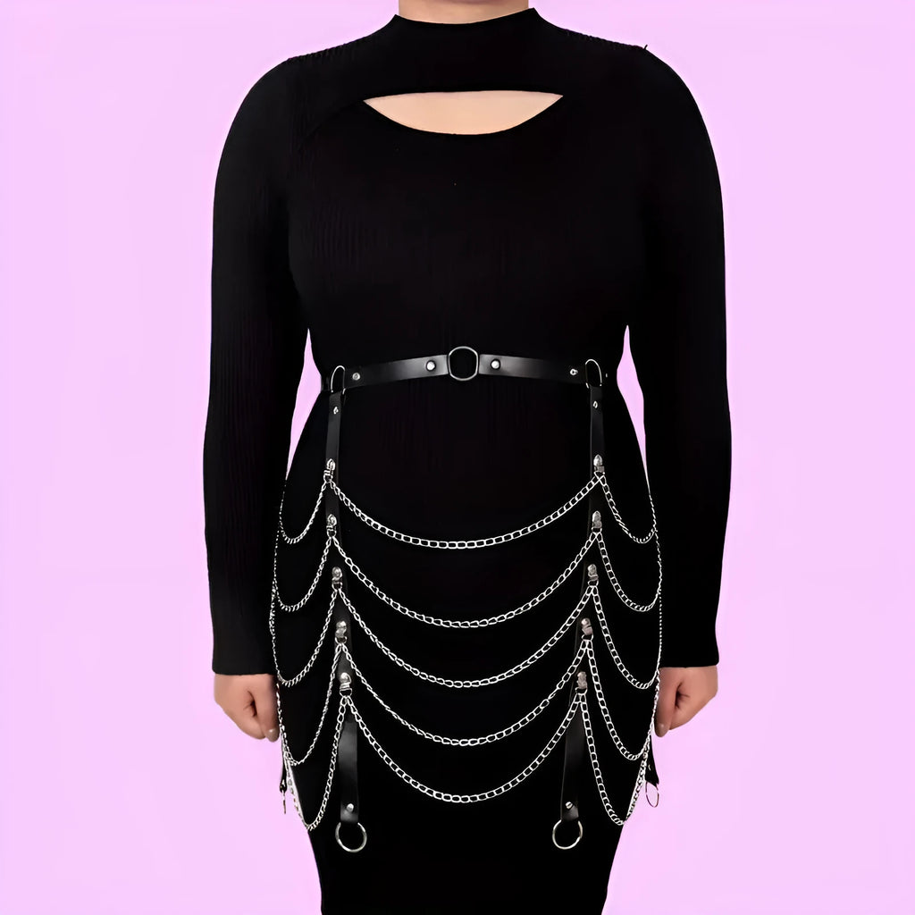 Black PU leather bandage-style waist chain ornament for women, shown with adjustable closure.