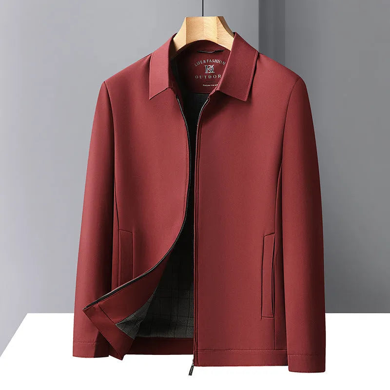 Men's solid colour polo collar casual jacket with side seam pockets in polyester fabric