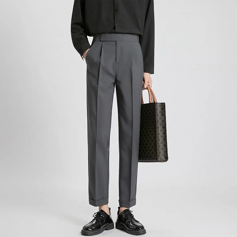 Men's slim fit ankle length straight leg polyester trousers in black, front view