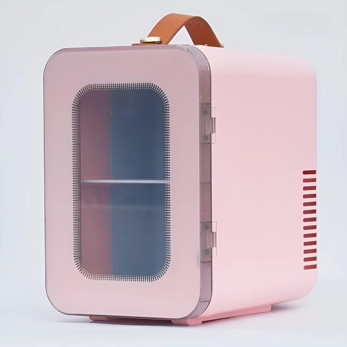 Pink dual-use mini refrigerator with transparent door showing 6L capacity for car and home cooling and heating
