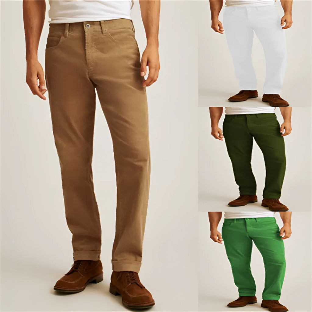 Loose fit solid colour corduroy casual trousers on a hanger showing straight leg and mid waist.