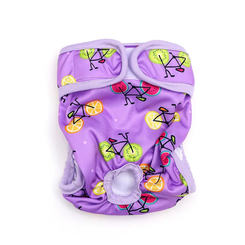 Cloth dog menstrual panties with cartoon print in pink watermelon colour on a light background