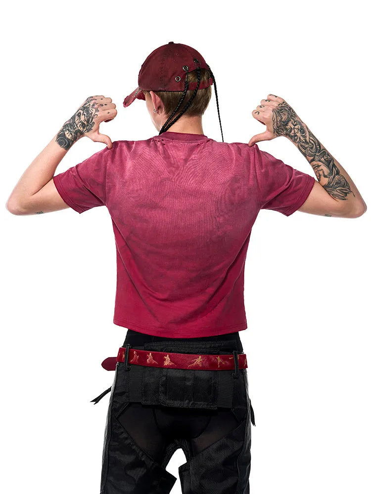 Red men's slim fit t-shirt with distressed dirty wash effect and short sleeves