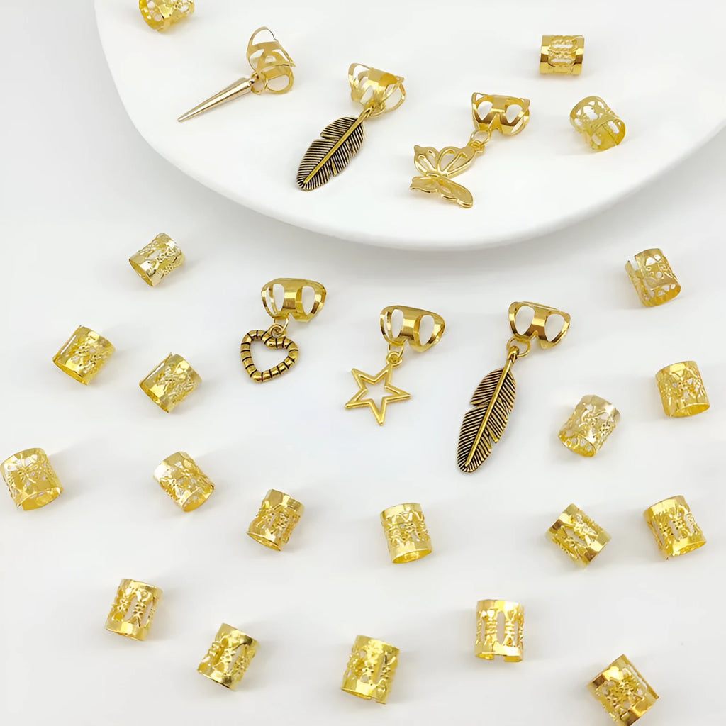 Electroplated dirty braid hair rings with antique leaves design in gold or silver finish