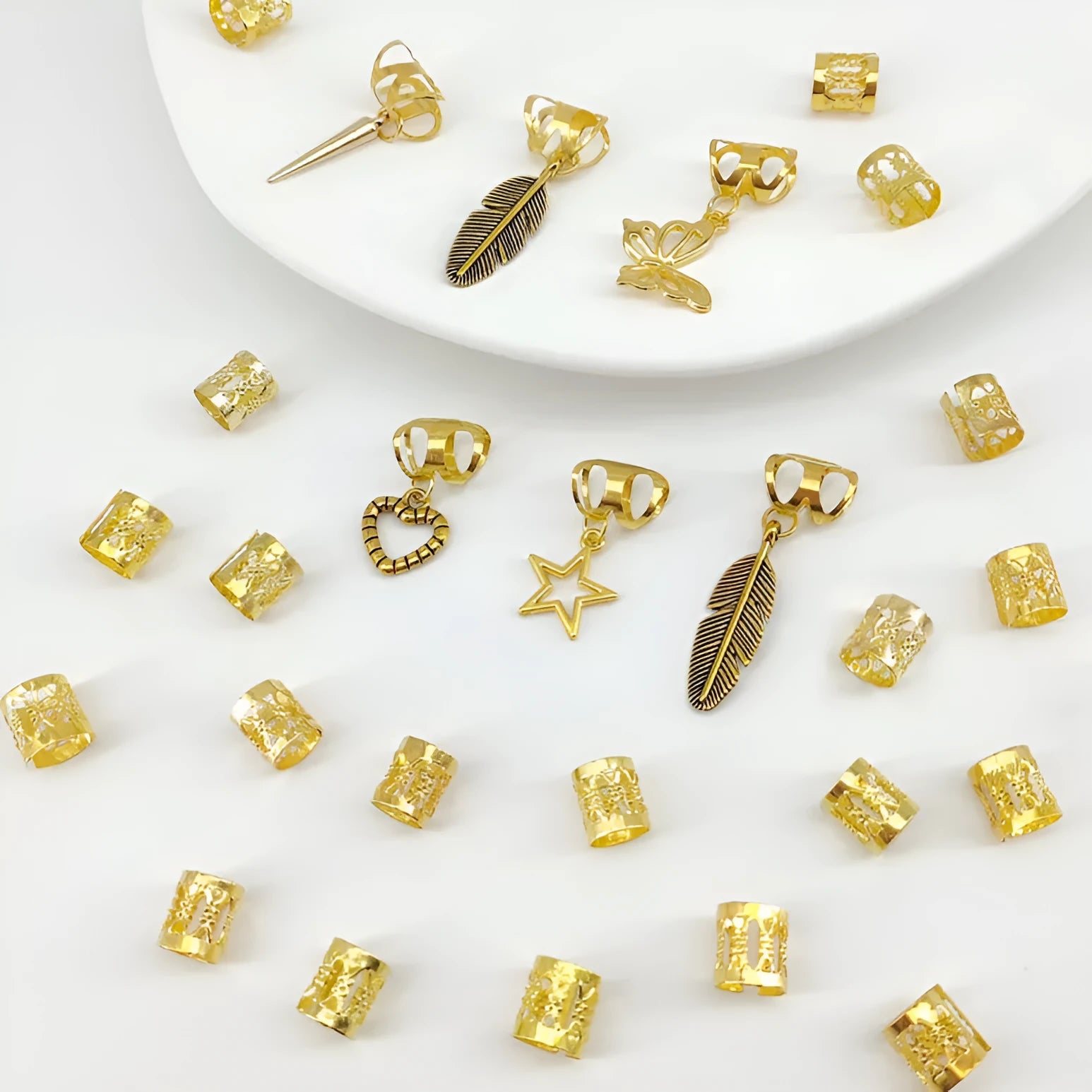 Electroplated dirty braid hair rings with antique leaves design in gold or silver finish