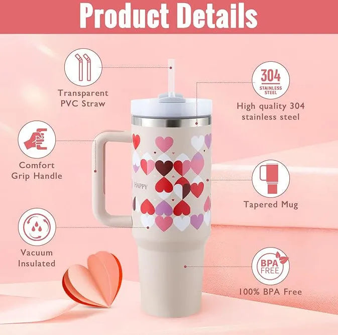 40 oz insulated stainless steel tumbler with handle straw and spill proof lid in a tapered design for car or gym use