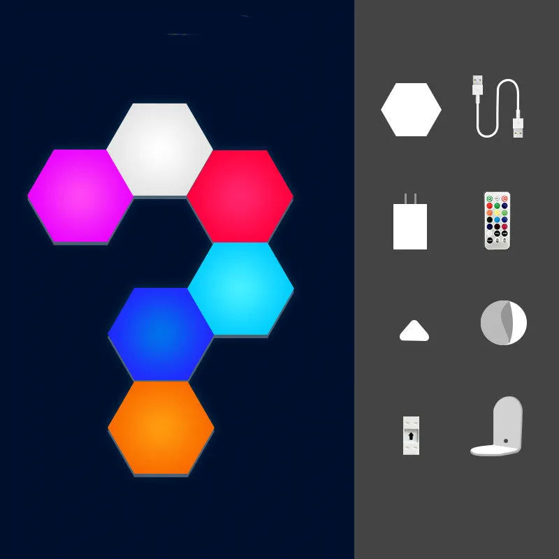 Hexagonal LED wall light with colour-changing quantum panels, remote control, and PVC construction