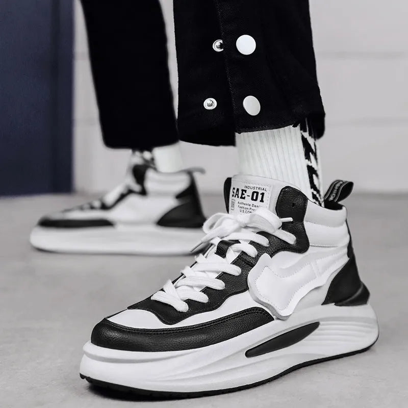 Men's black and white platform high-top board shoes with round toe artificial PU uppers