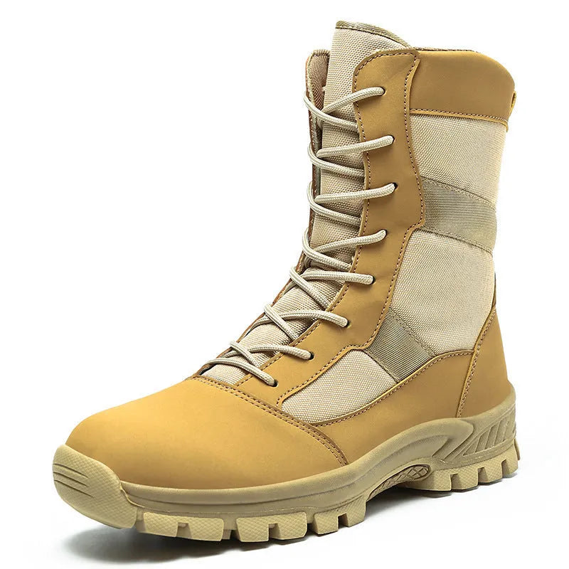 Plus size men's high-top martin boot style shoes in black and camouflage with mesh construction and totem detailing