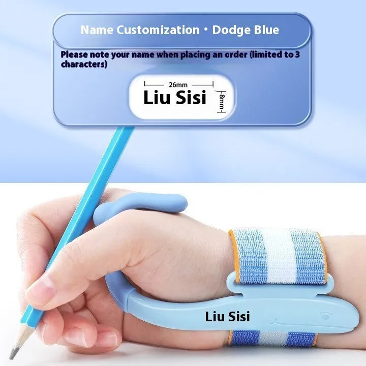 Blue anti-hook wrist brace corrector for handwriting posture and pencil grip training
