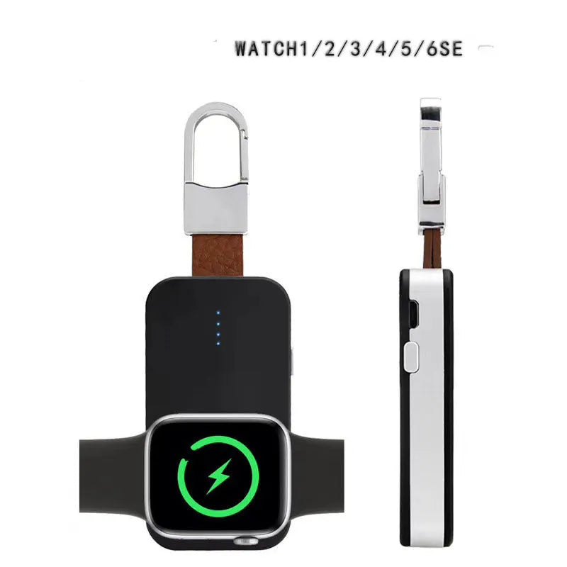 Black portable Apple Watch wireless charging power bank on a keyring