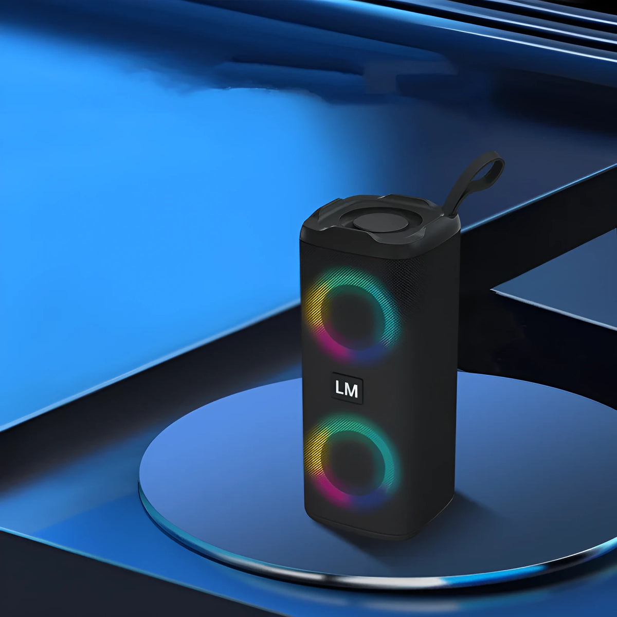 Bluetooth portable speaker with dazzling light effects, water-resistant plastic body, 76x73x186mm, available in black