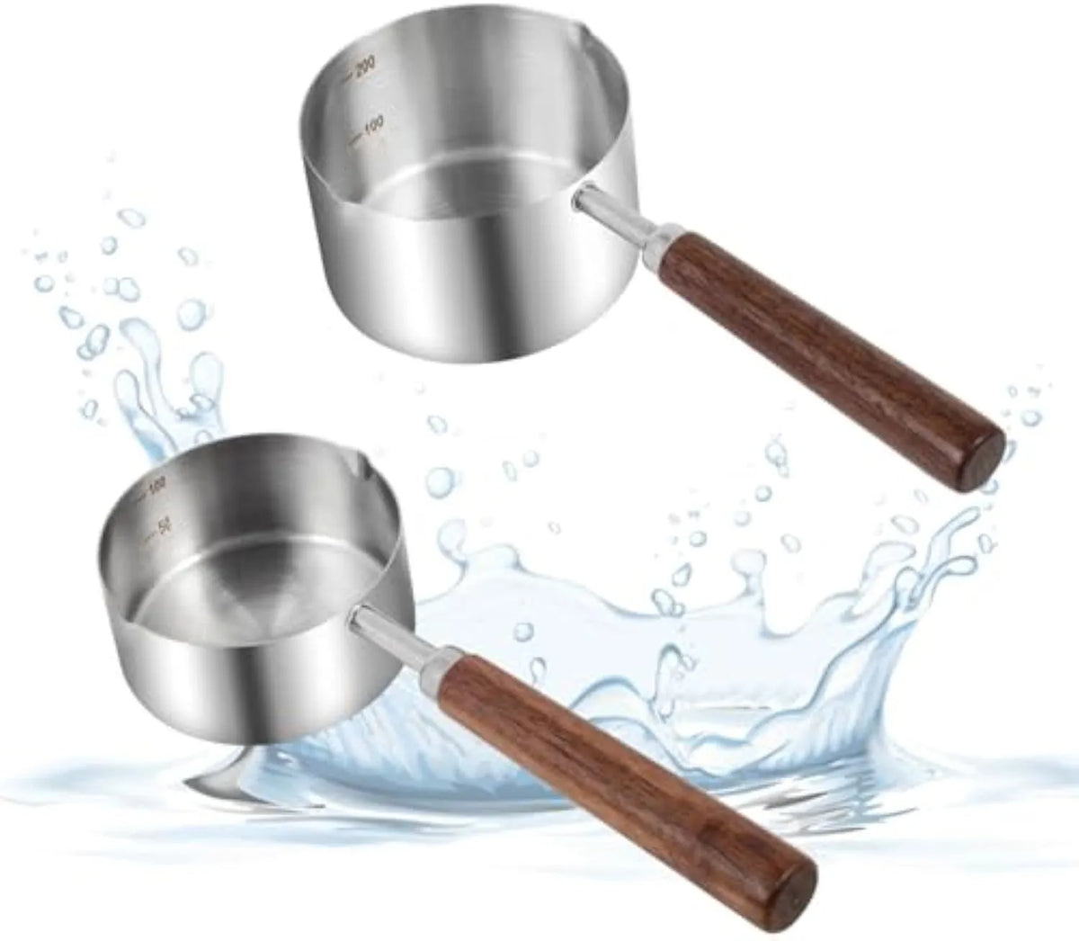 Two 304 stainless steel dog food scoops with wooden handles on a surface