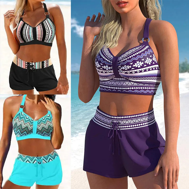 Women's printed two-piece bikini swimsuit on a white background.