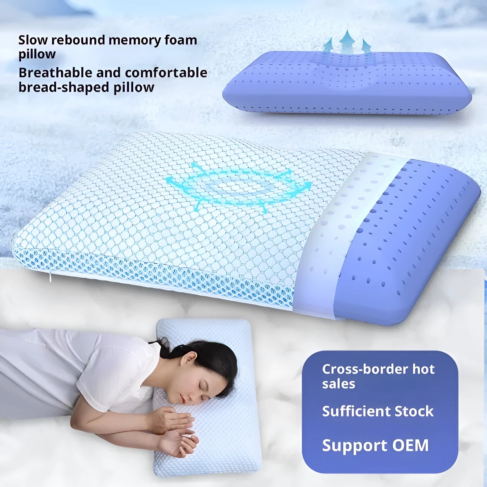 Cervical memory foam pillow 63x36x13.5cm in air layer fabric blue and white