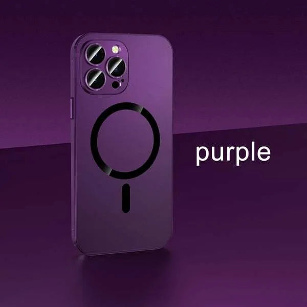 Aluminium alloy frame protective iPhone case with magnetic suction in dark purple colour with nickel piece detail