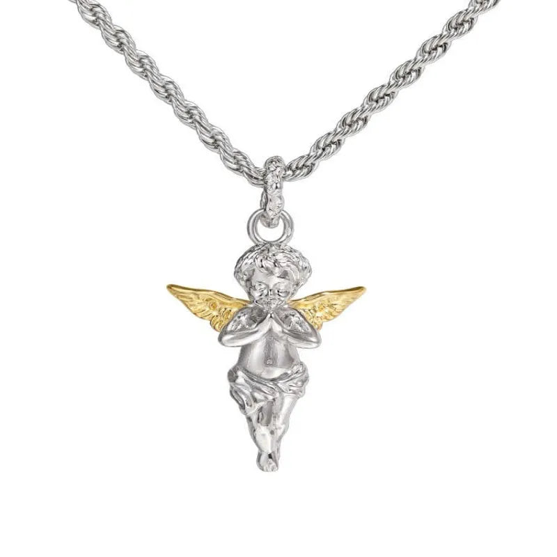 925 sterling silver gold winged angel pendant necklace for men with steel or sterling silver chain options