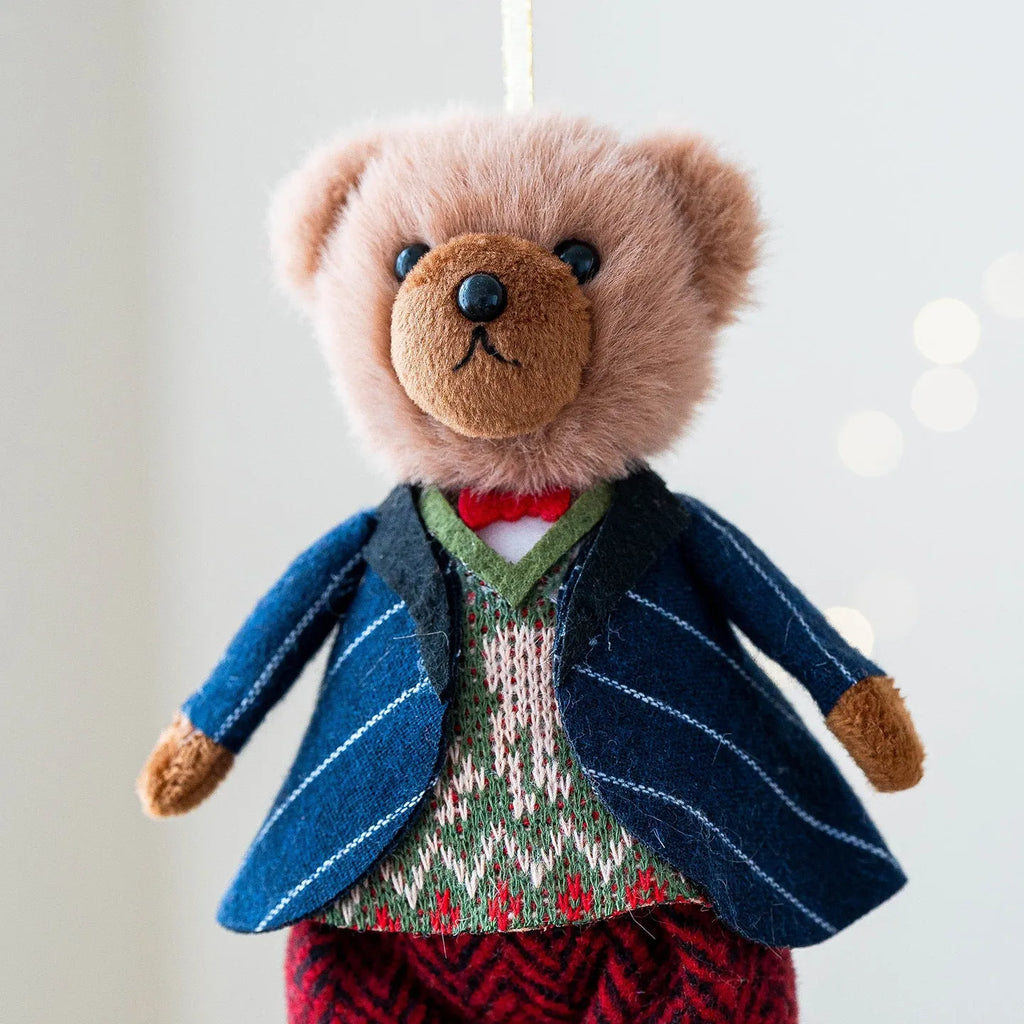 Couple plush bear doll set showing gentleman bear and princess bear with cotton suit plaid fabric design
