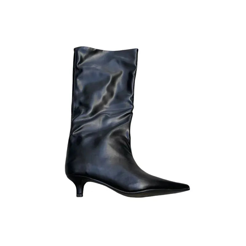 Women's solid colour retro high tube pointed boots with mid heel and sewing thread details in black