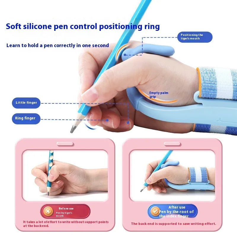 Blue anti-hook wrist brace corrector for handwriting posture and pencil grip training