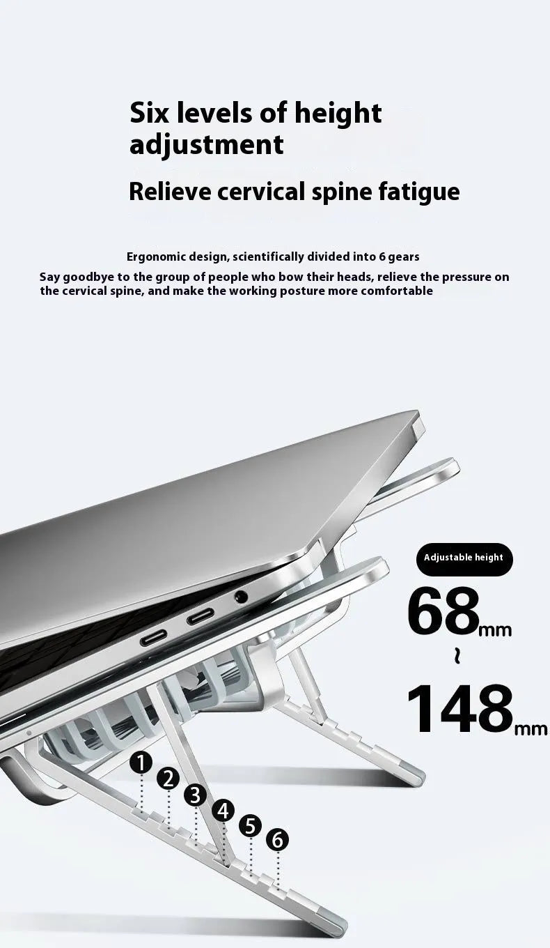 Silver aluminium laptop cooling stand with twin fans folded, next to its cloth storage bag and USB cable.
