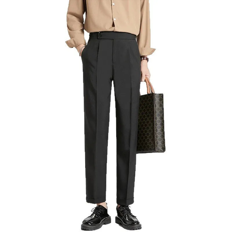 Men's slim fit ankle length straight leg polyester trousers in black, front view