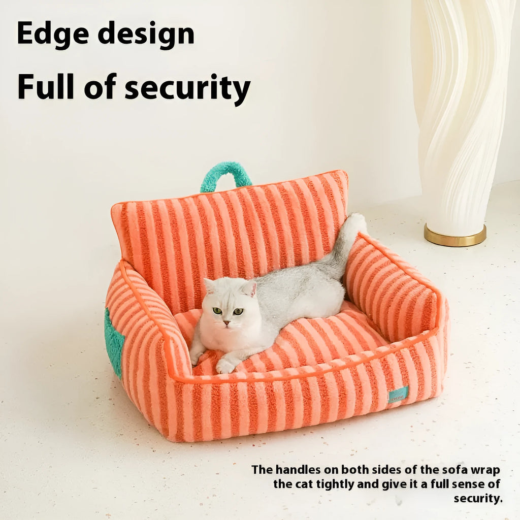 Striped soft velvet pet bed with removable cover in orange, purple or yellow for cats and dogs