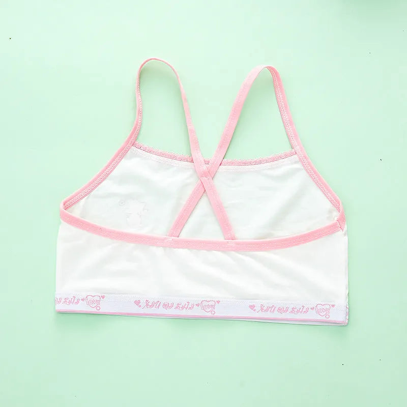 Girls cotton sports bra vest, stretch cotton knitted print, white pink orange green, sizes free and L