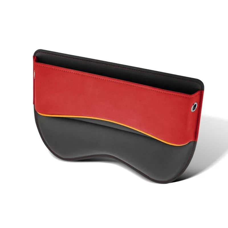 Leather car seat storage box in a choice of five colours on a car rear seat.