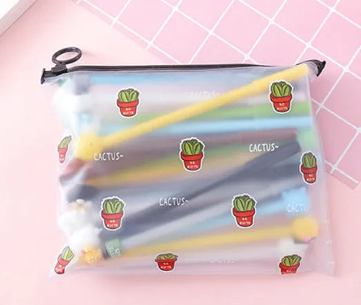 Marvel Cactus cartoon themed plastic pen case containing twenty black 0.5mm gel pens.