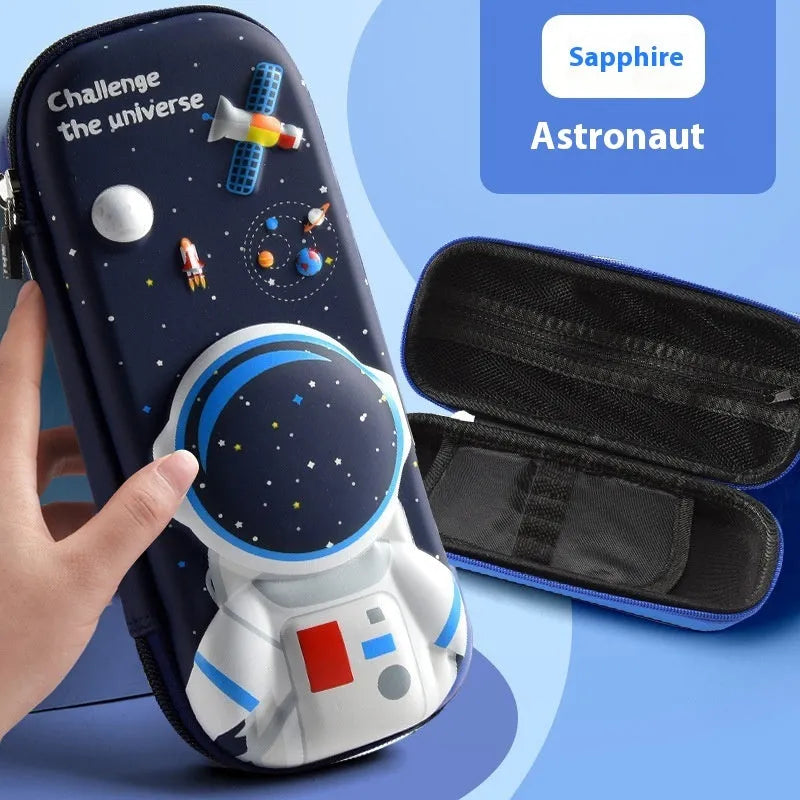 3D leather pencil case showing multiple design options including space, fantasy and animal themes