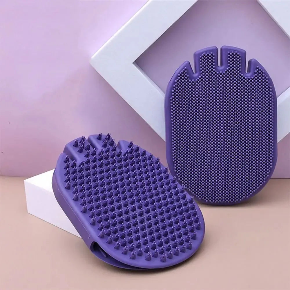 Purple massaging pet shampoo brush with soft TPR bristles for dog grooming