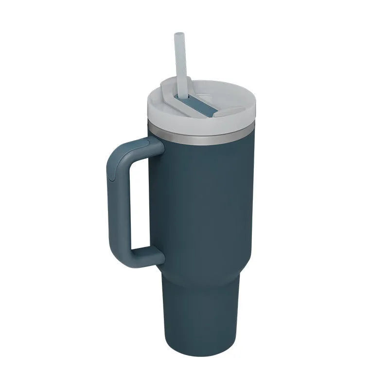 40 oz insulated stainless steel tumbler with handle straw and spill proof lid in a tapered design for car or gym use