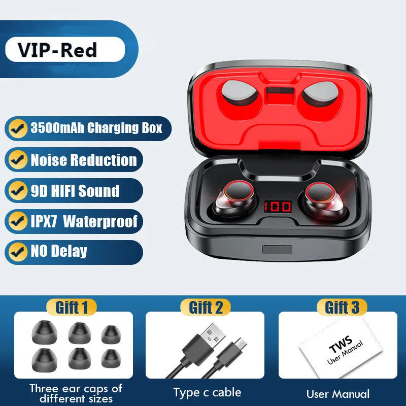Black Bluetooth earplug-style headset with its charging case on a table