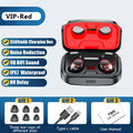 Black Bluetooth earplug-style headset with its charging case on a table