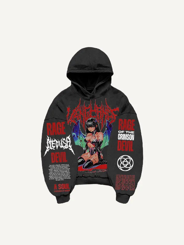 Men's printed hooded loose retro sweatshirt in black with long sleeves and pullover style