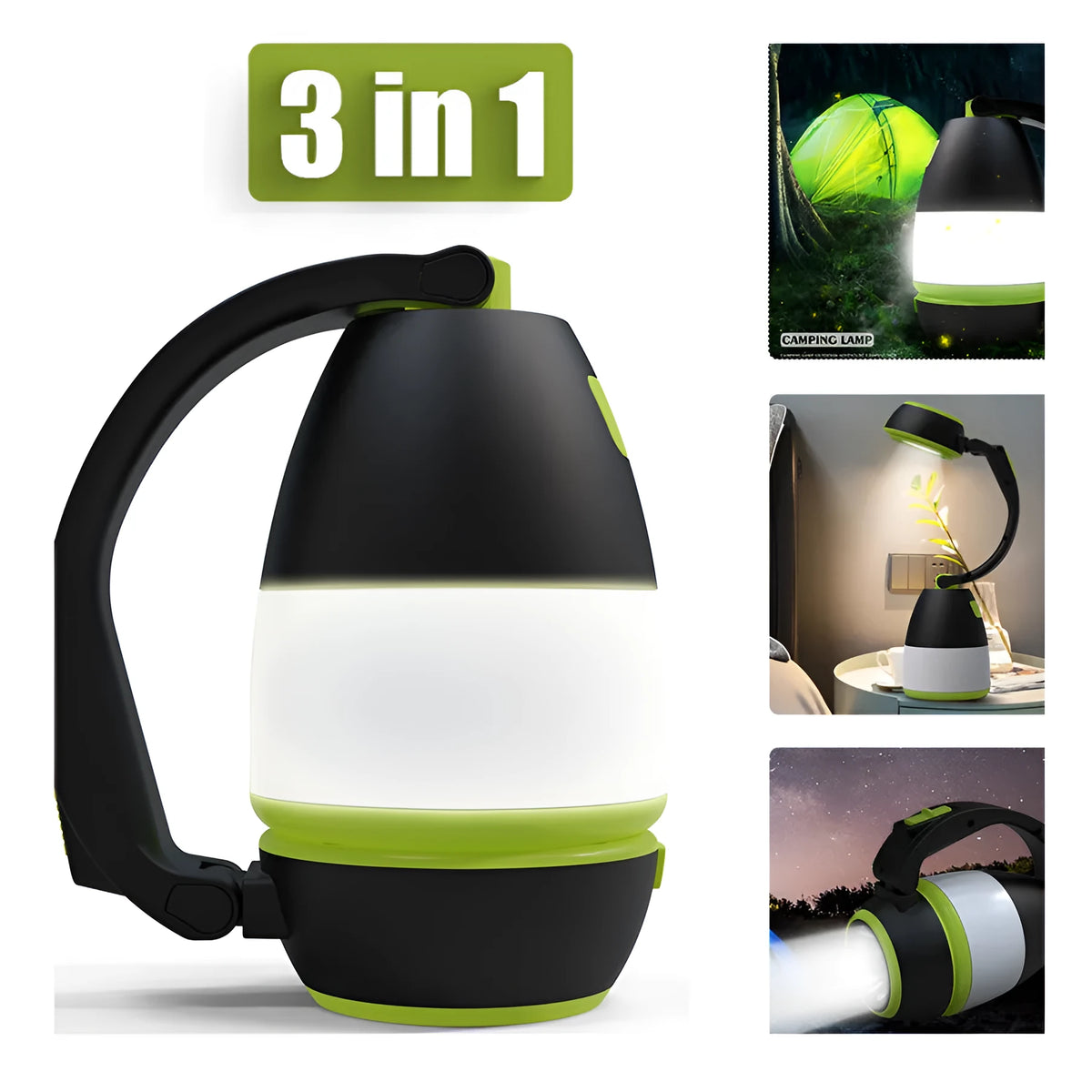 Black green 3-in-1 multifunctional LED tent lamp with adjustable head and USB port