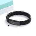 Black stainless steel and leather memorial bracelet with personalised lettering in a gift box.