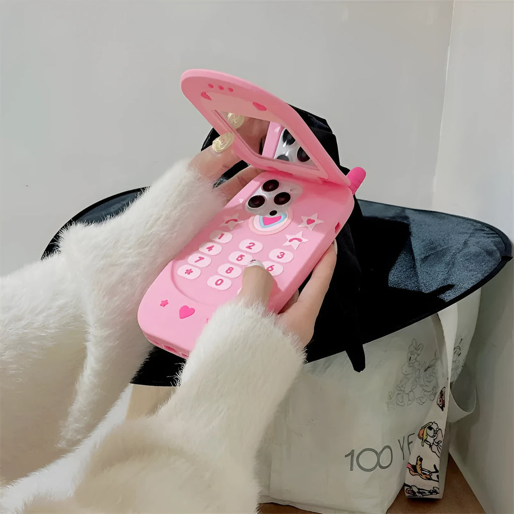 Light pink silicone flip phone case with mirror for iPhone protection
