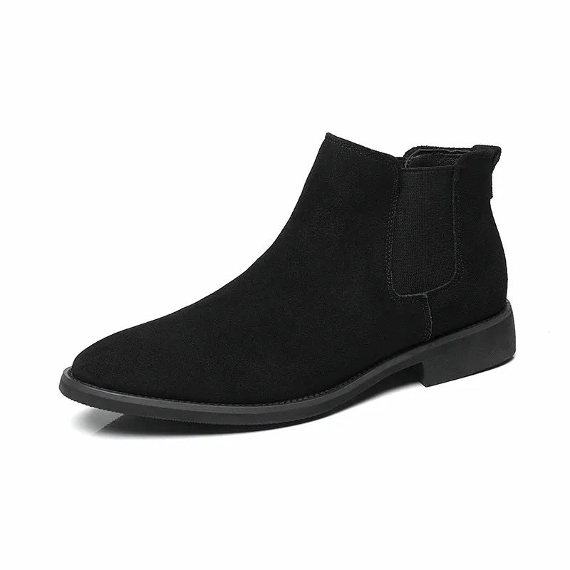 Men's pointed suede short Martin boots in brown, cowhide upper, pigskin lining, low heel