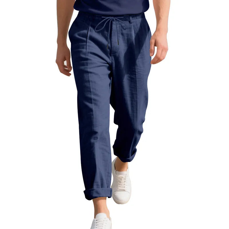 Men's linen casual pants in straight-leg style with drawstring waist in various colours