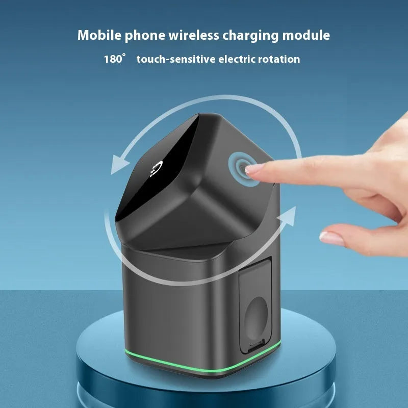 Black magnetic wireless charging stand showing phone attachment and 180-degree rotation adjustment