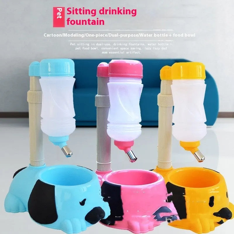Plastic adjustable rod-lifting pet water bowl in blue, pink, or yellow.