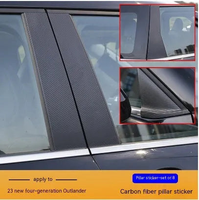 2023 Mitsubishi Outlander window pillar decal films in bright black and carbon fibre pattern options