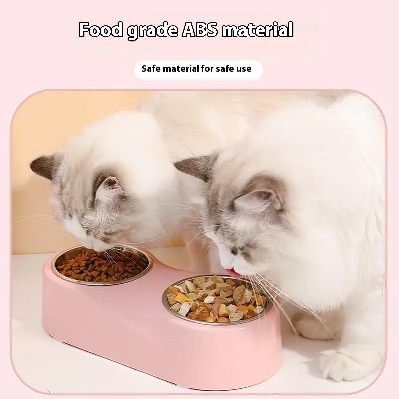 Alloy solid color separation design cat water bowl in gray with two compartments showing stainless steel inserts