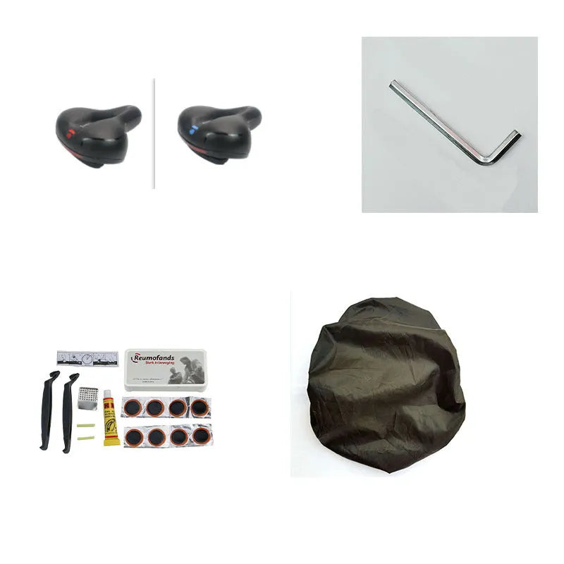 Bicycle saddle cushion with silicone padding and waterproof cover alongside wrench and patch kit