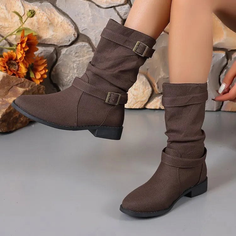 Women's denim leather boots with square heel, round toe, mid heel 3-5cm, high cylinder, artificial PU upper, rubber sole